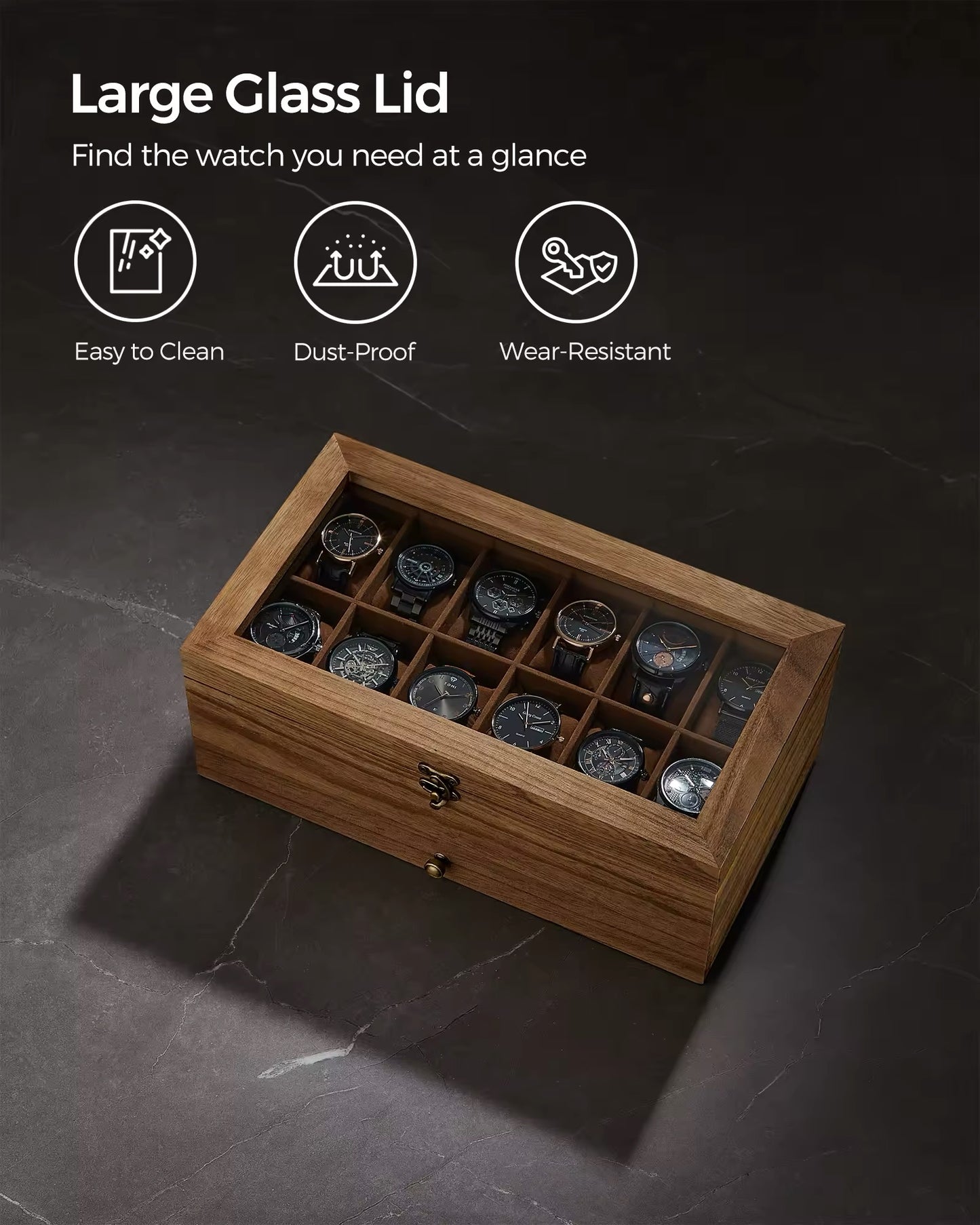 12-Slot Watch Box, 2-Tier Watch Display Case with Large Glass Lid