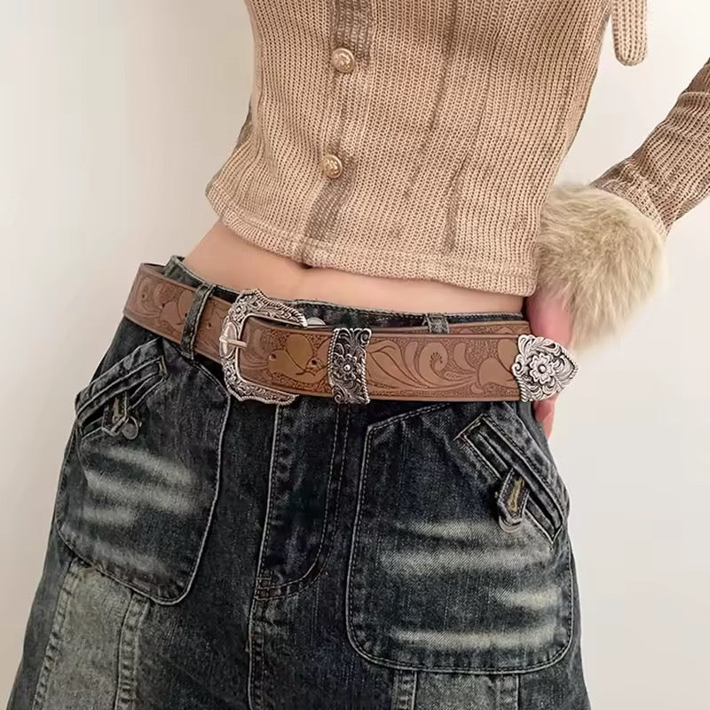 Western Brown PU Leather Vintage Belt