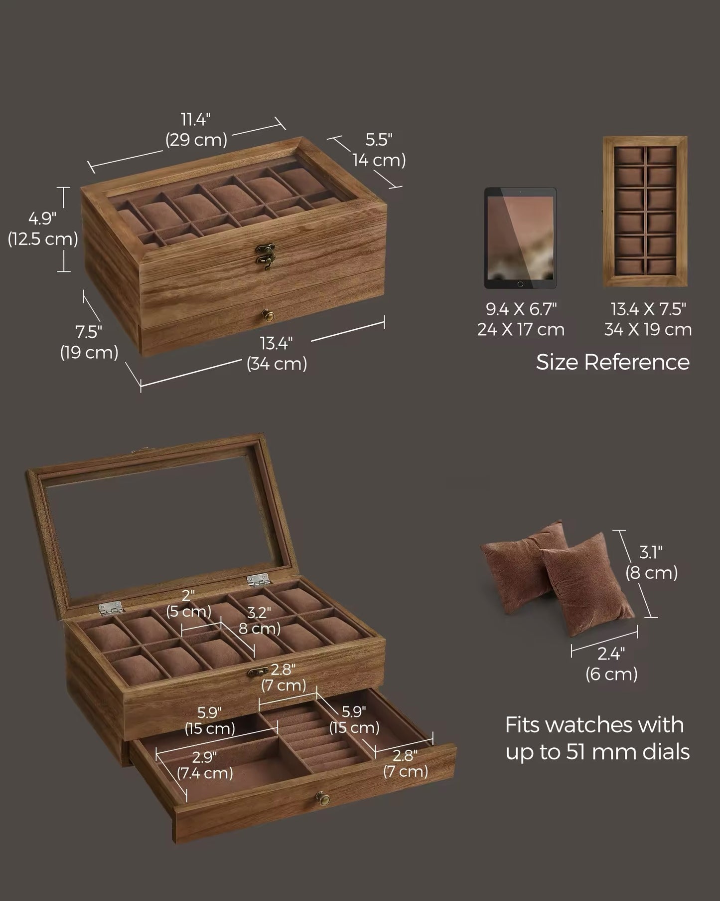 12-Slot Watch Box, 2-Tier Watch Display Case with Large Glass Lid