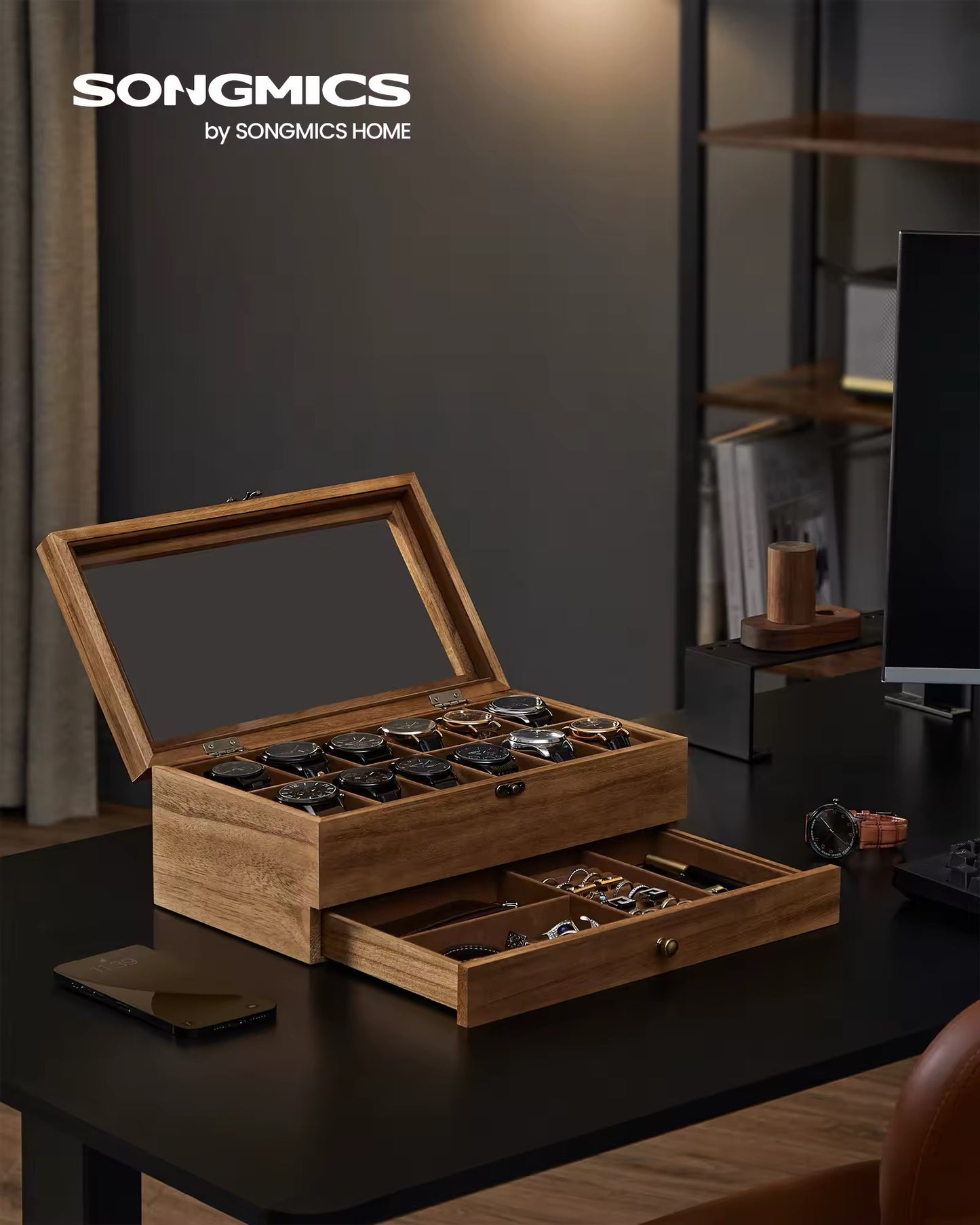 12-Slot Watch Box, 2-Tier Watch Display Case with Large Glass Lid