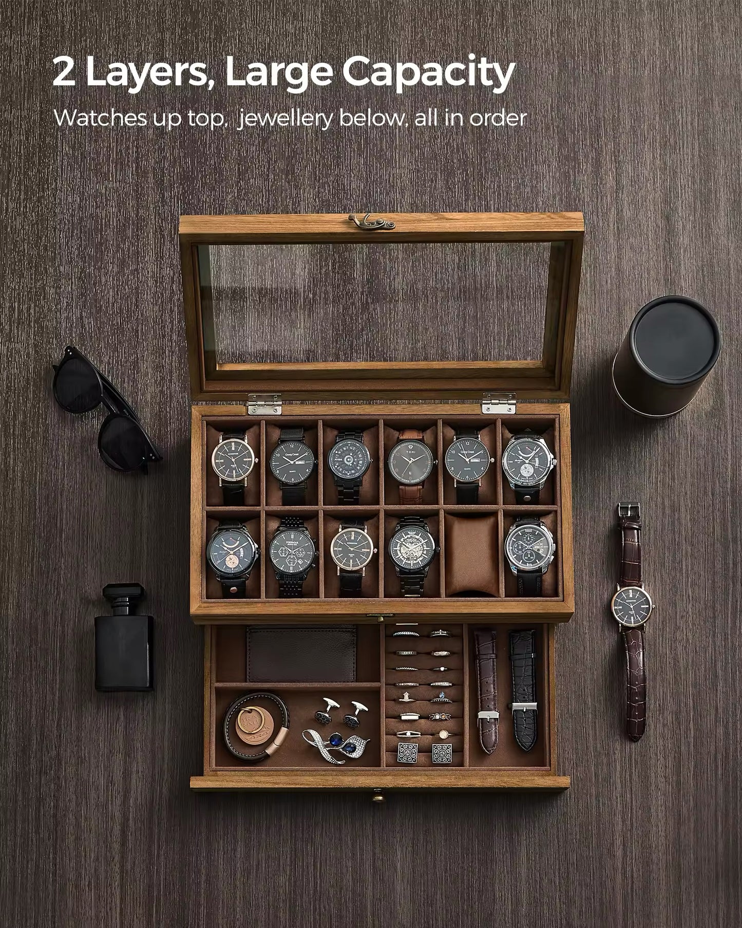 12-Slot Watch Box, 2-Tier Watch Display Case with Large Glass Lid
