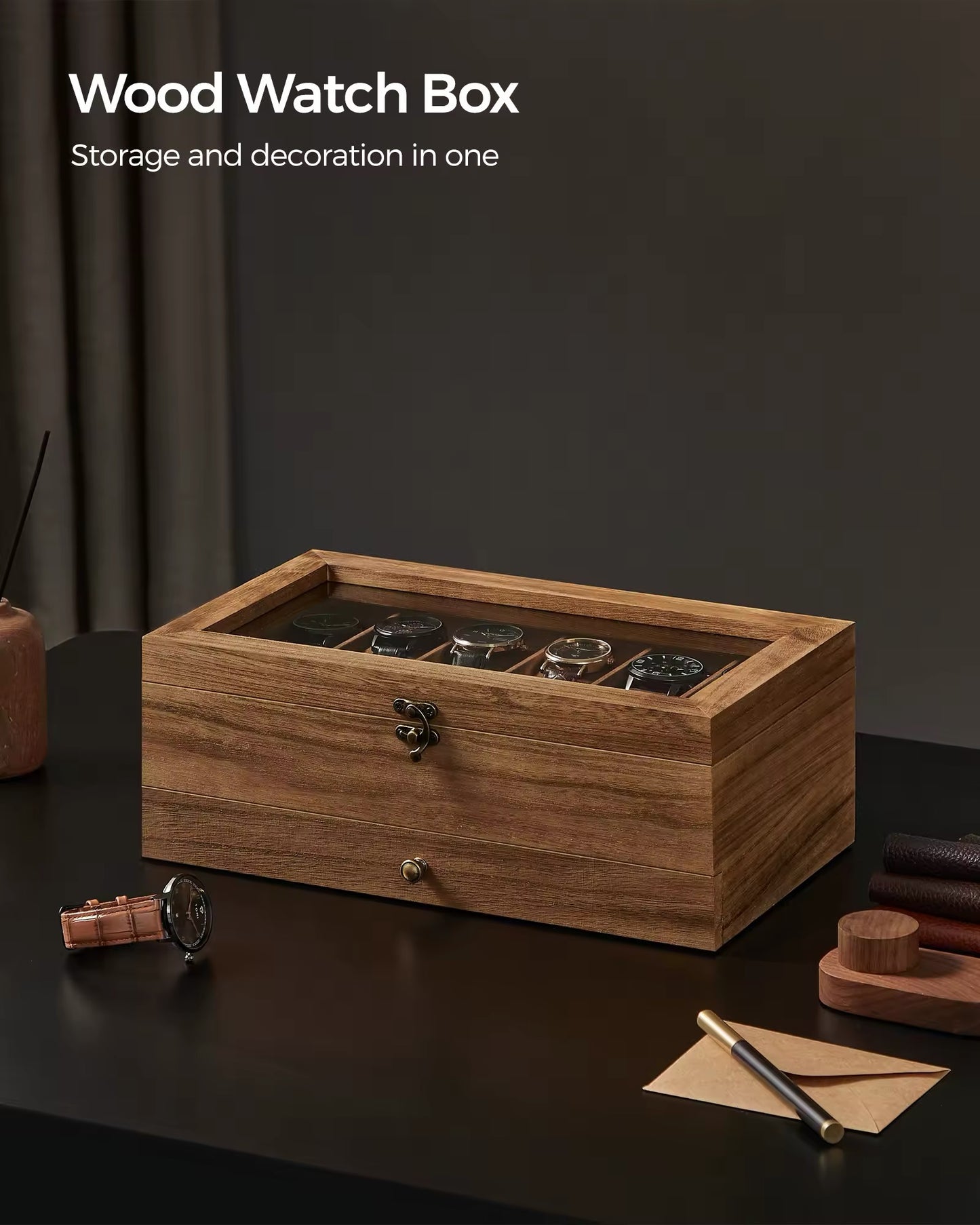 12-Slot Watch Box, 2-Tier Watch Display Case with Large Glass Lid