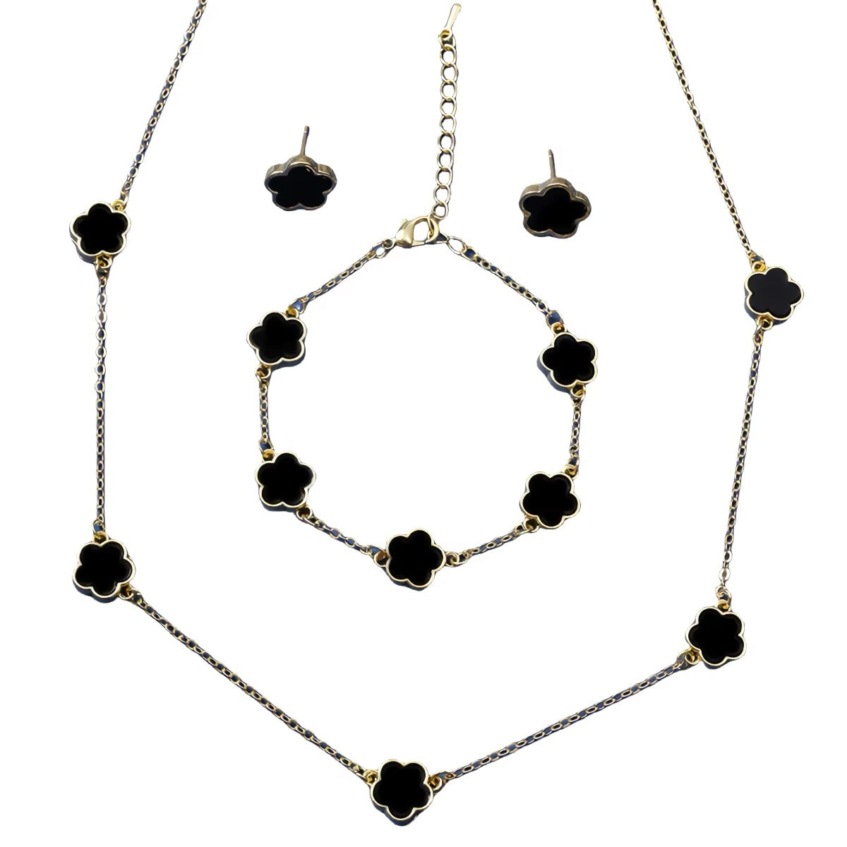 Lucky Five-petal Flower Five-leaf Clover Bracelet Earrings Necklace Three-piece set