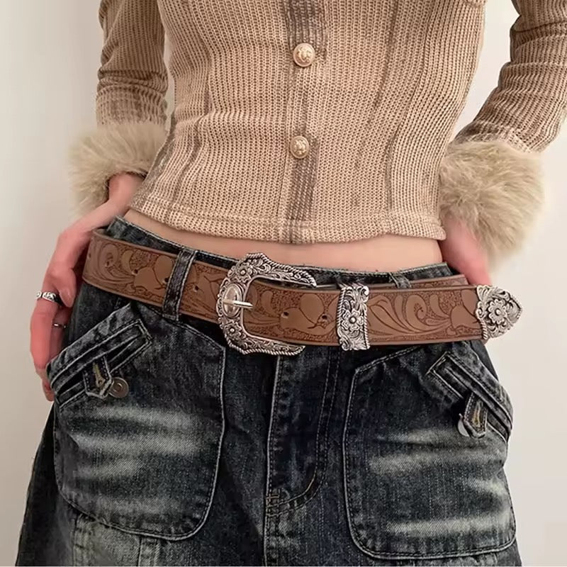 Western Brown PU Leather Vintage Belt