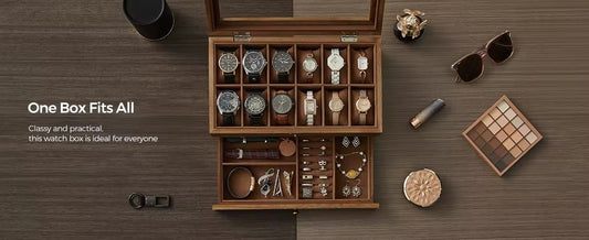 12-Slot Watch Box, 2-Tier Watch Display Case with Large Glass Lid