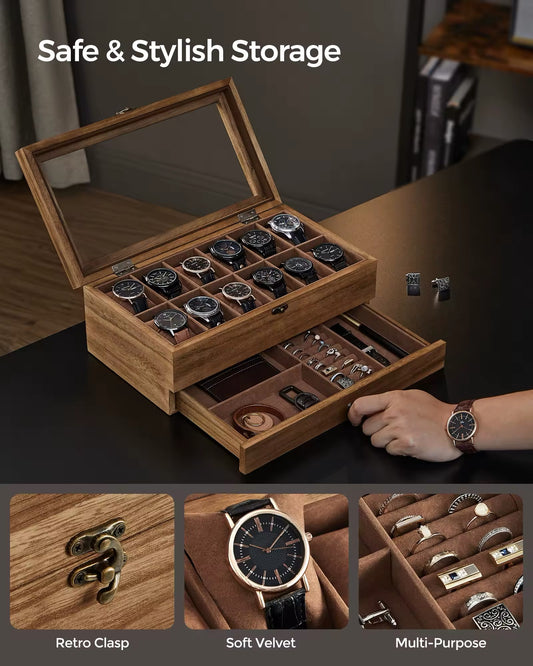 12-Slot Watch Box, 2-Tier Watch Display Case with Large Glass Lid